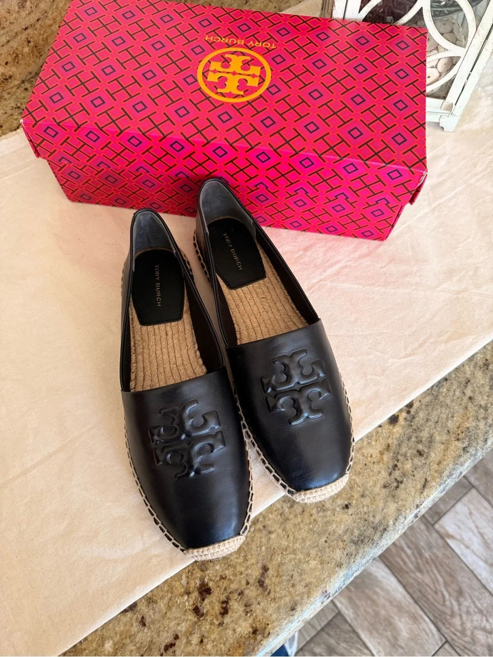 Tory Burch Black Leather Espadrille Flats with Braided Jute Trim